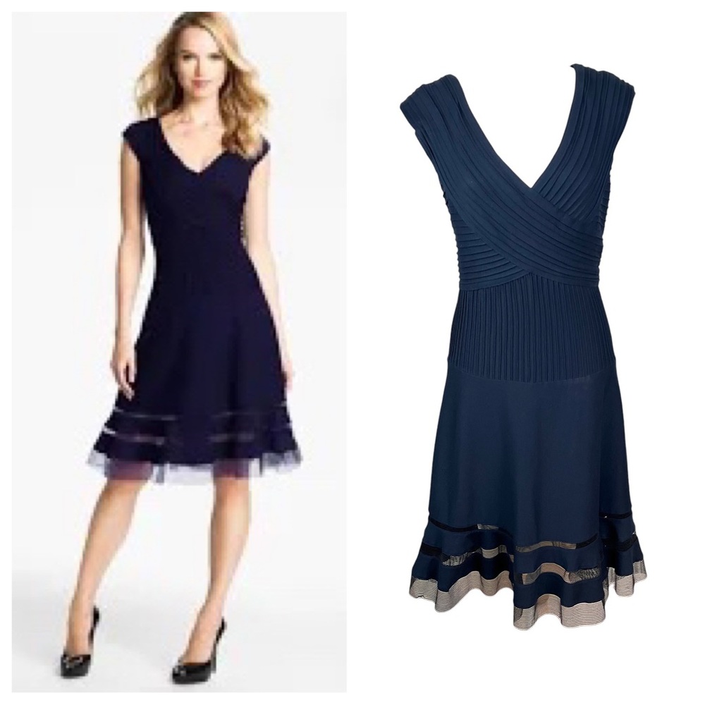Tadashi Shoji Navy Pin-tuck Jersey Portrait Cocktail Dress